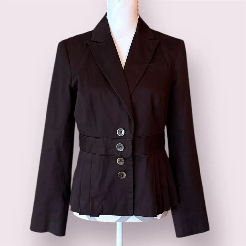 BANDOLINO Stretch 2000s Chocolate Brown PleatedPeplum Jacket Fitted Button Front